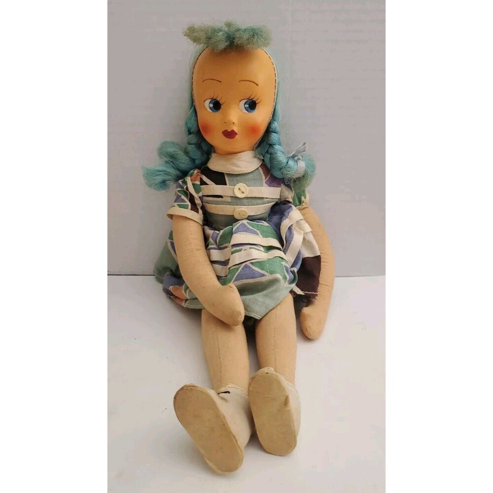 Vintage Sutton Doll Blue Hair Celluloid Face Cloth Stuffed Jointed 16"